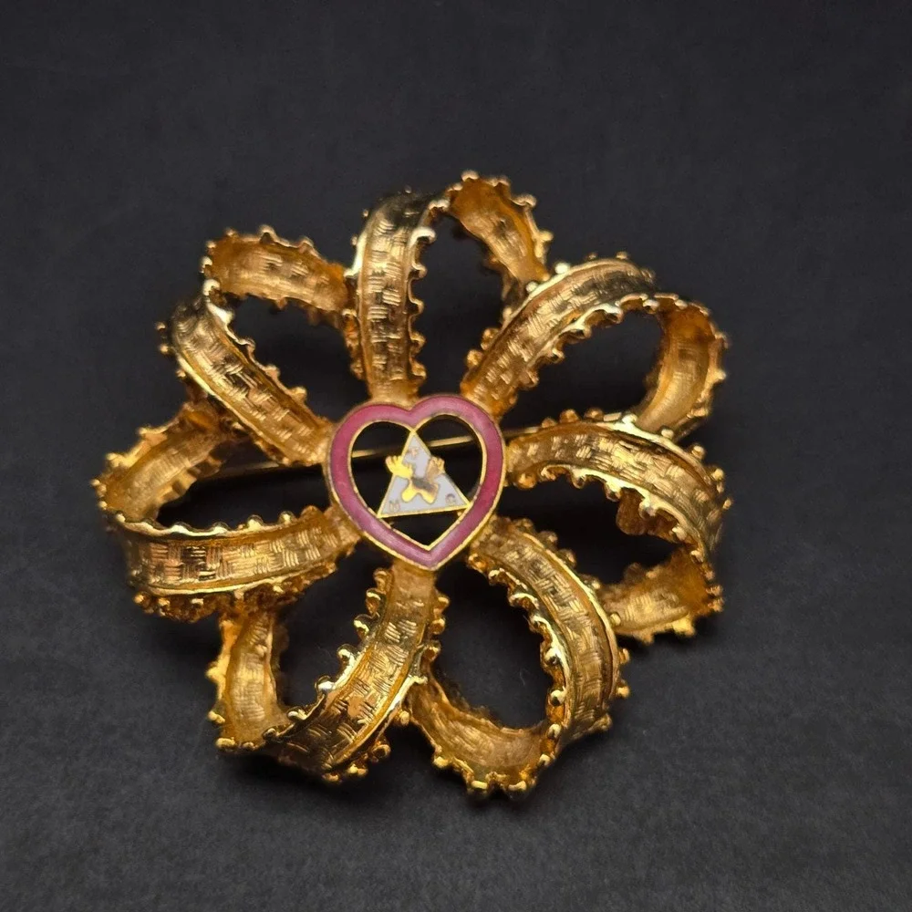 Vintage Moose Lodge Flower Brooch Gold Tone Faith Hope Charity